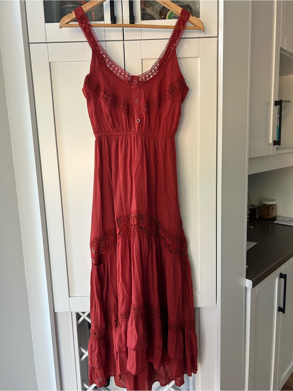 Rebellion XS Cranberry Lace-Trim Sleeveless Midi Dress with Adjustable Straps - Picture 2 of 5